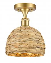  516-1C-SG-RBD-8-NAT - Woven Rattan - 1 Light - 8 inch - Satin Gold - Semi-Flush Mount