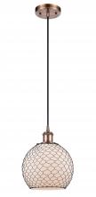  516-1P-AC-G121-8CBK-LED - Farmhouse Chicken Wire - 1 Light - 8 inch - Antique Copper - Cord hung - Mini Pendant