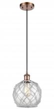  516-1P-AC-G122-8RW - Farmhouse Rope - 1 Light - 8 inch - Antique Copper - Cord hung - Mini Pendant