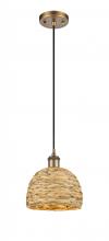  516-1P-BB-RBD-8-NAT - Woven Rattan - 1 Light - 8 inch - Brushed Brass - Mini Pendant