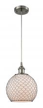  516-1P-SN-G121-8CBK-LED - Farmhouse Chicken Wire - 1 Light - 8 inch - Brushed Satin Nickel - Cord hung - Mini Pendant